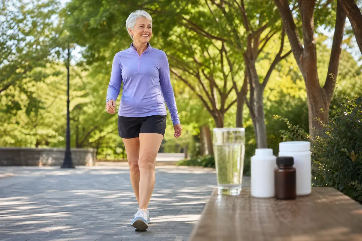 Older adult walking outdoors to support healthy leg circulation