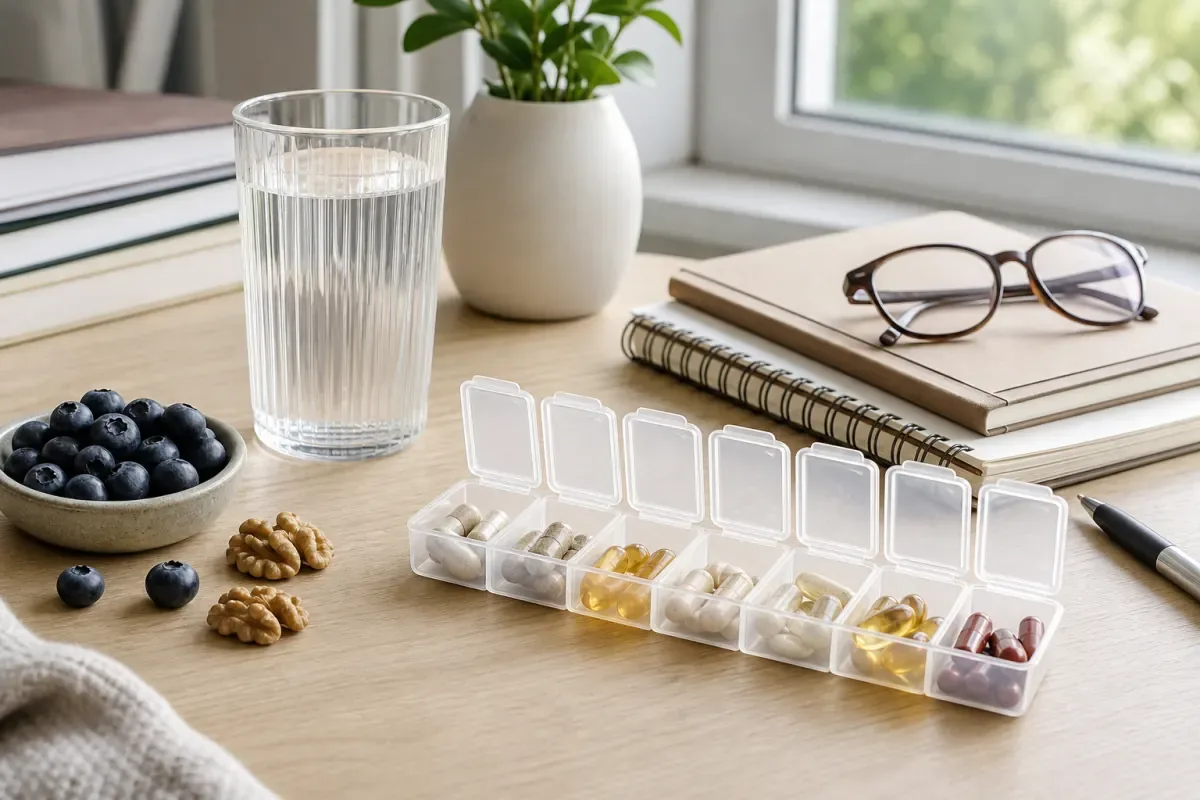 Vitamins, healthy foods, and a notebook arranged on a bright desk