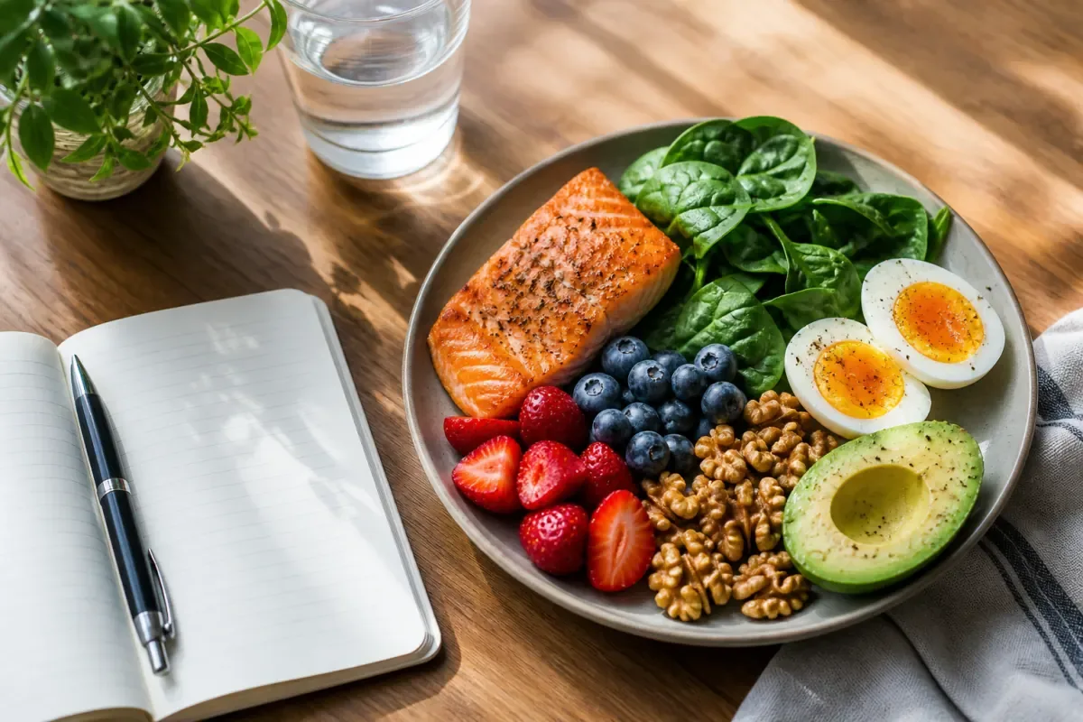Salmon, leafy greens, eggs, berries, avocado, and walnuts on a table