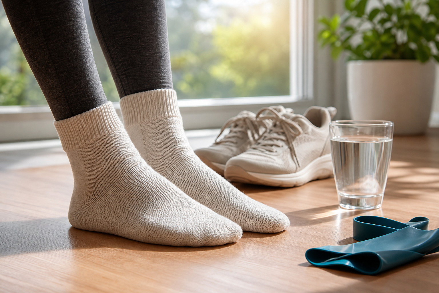 Comfortable feet near walking shoes and a home exercise band