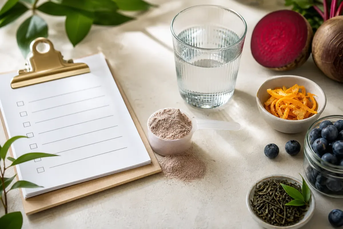 Wellness supplement powder with fruit and an ingredient checklist