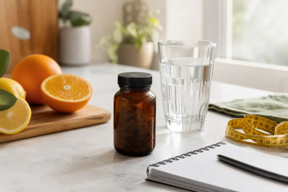Wellness supplement review setup with citrus fruit and nutrition notebook