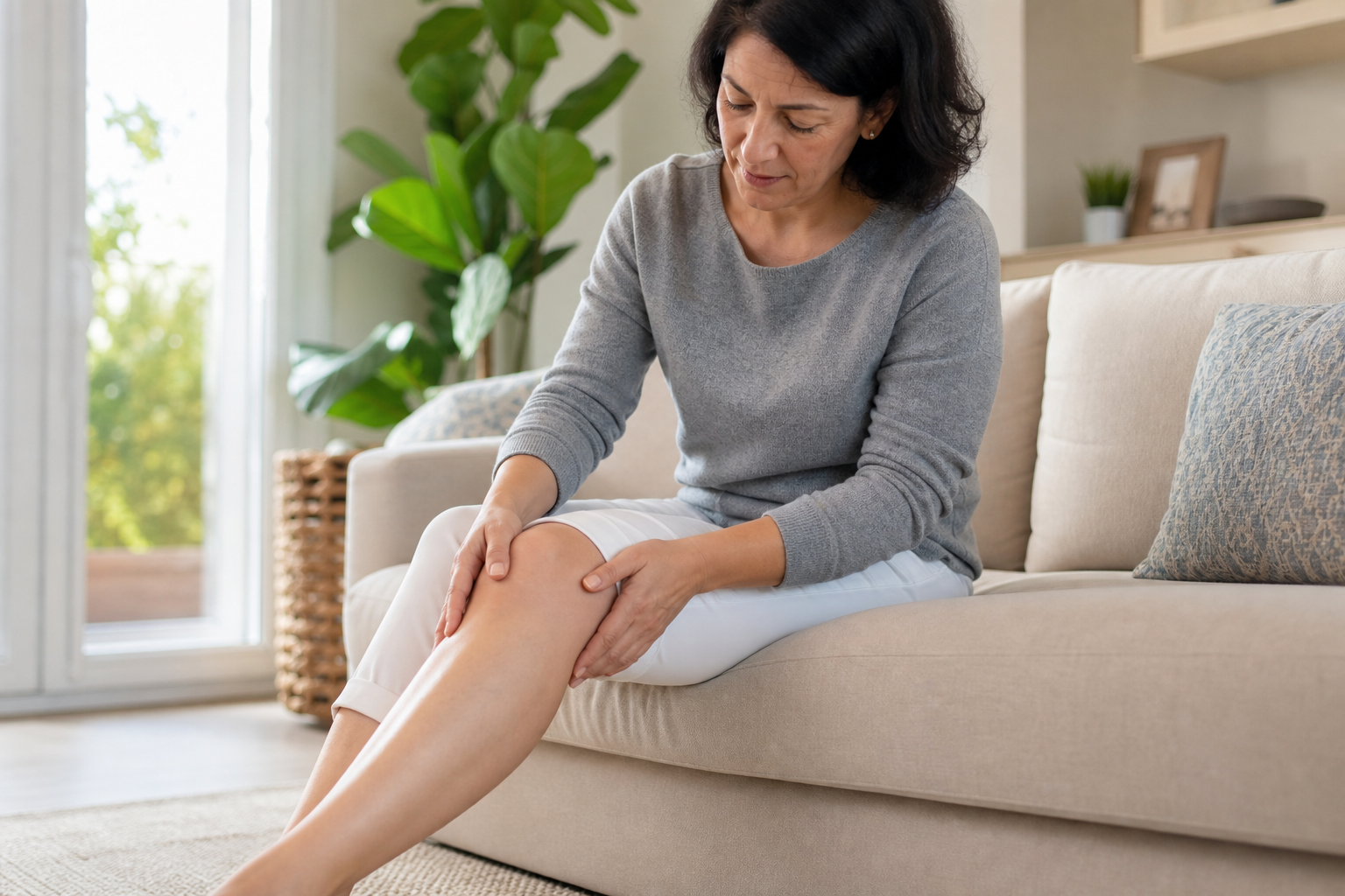Person gently straightening a knee after sitting with legs bent