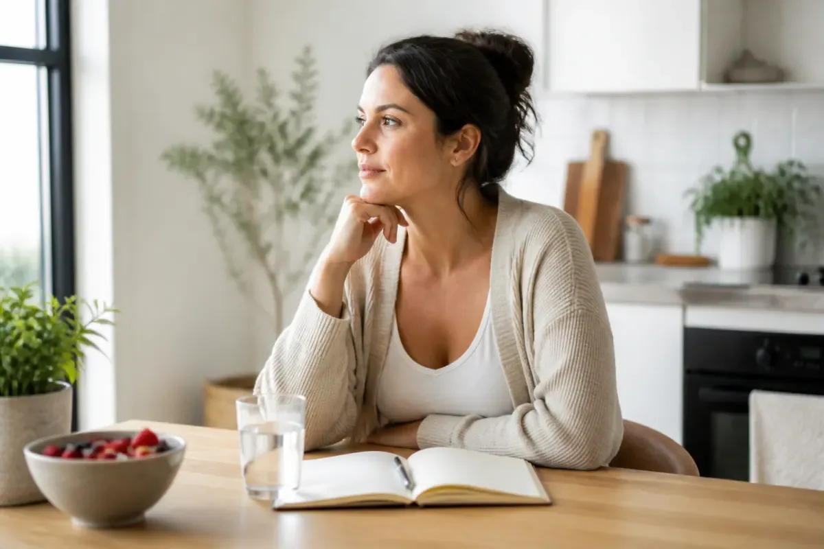 Woman reviewing a food journal while managing bloating