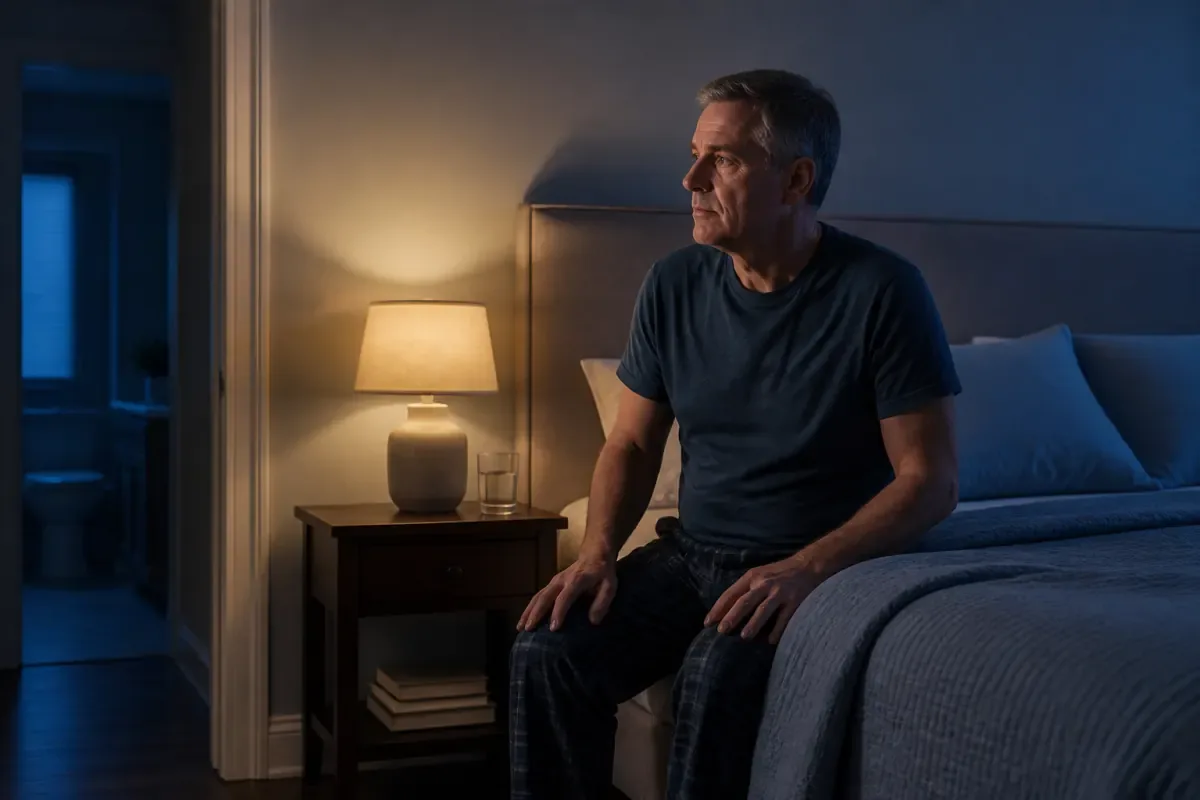 Man awake at night wondering why he needs to pee