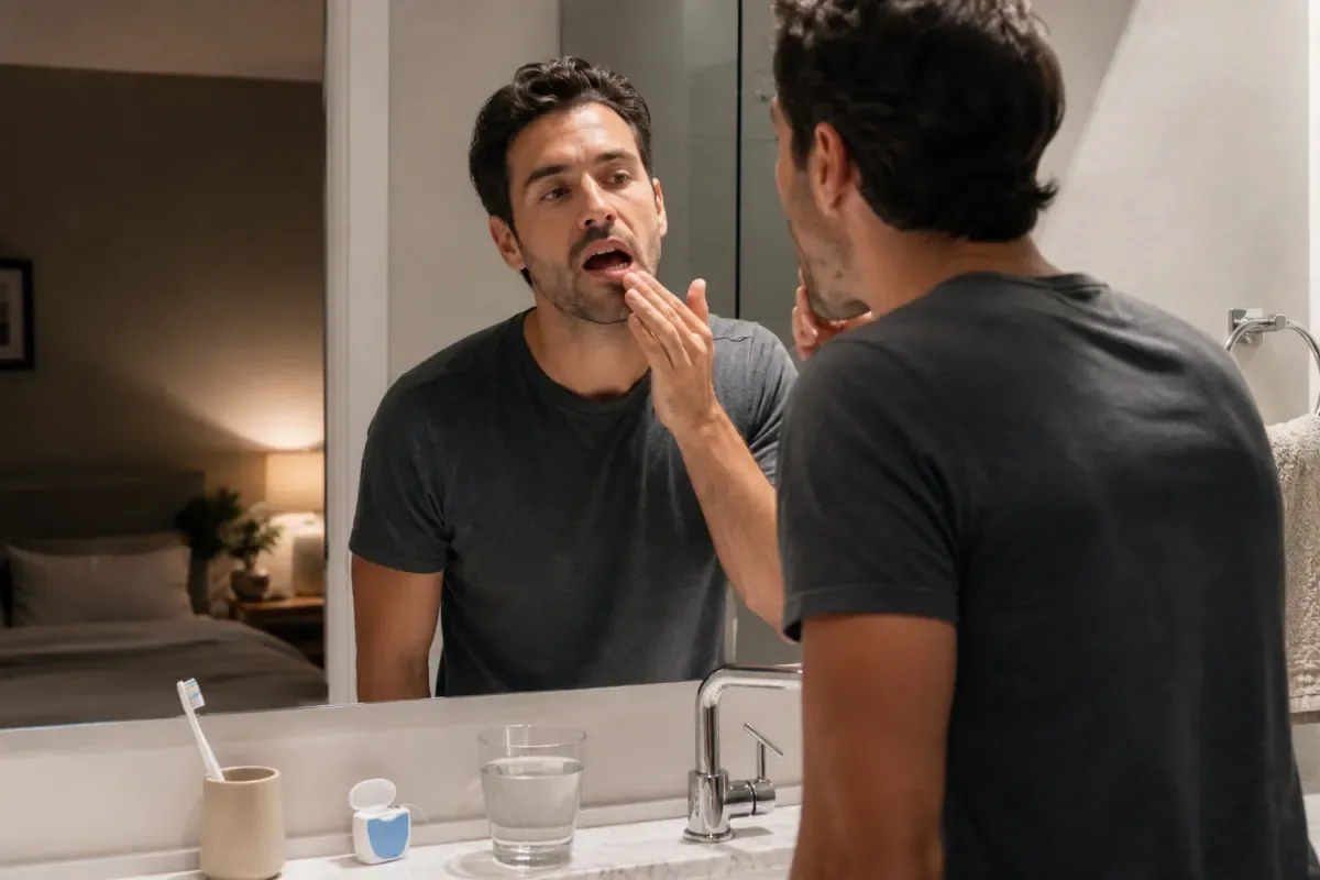 Person checking gum health during a nighttime oral care routine